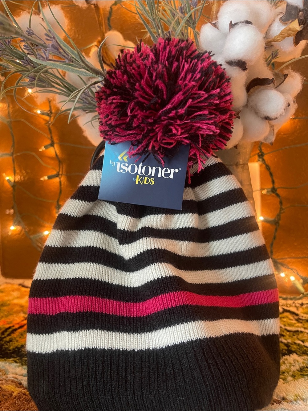 isotoner Kids Black, White & Pink Striped Pom Beanie